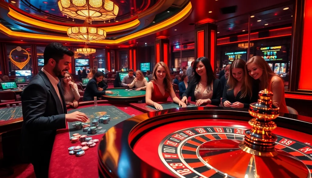 Experience the excitement of gacor123 while players engage at the roulette wheel in this luxurious casino setting.